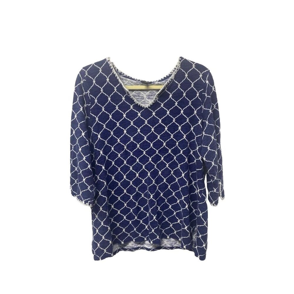 Talbots Women’s Blouse Size L Blue White Damaske Print Casual Pullover Top READ